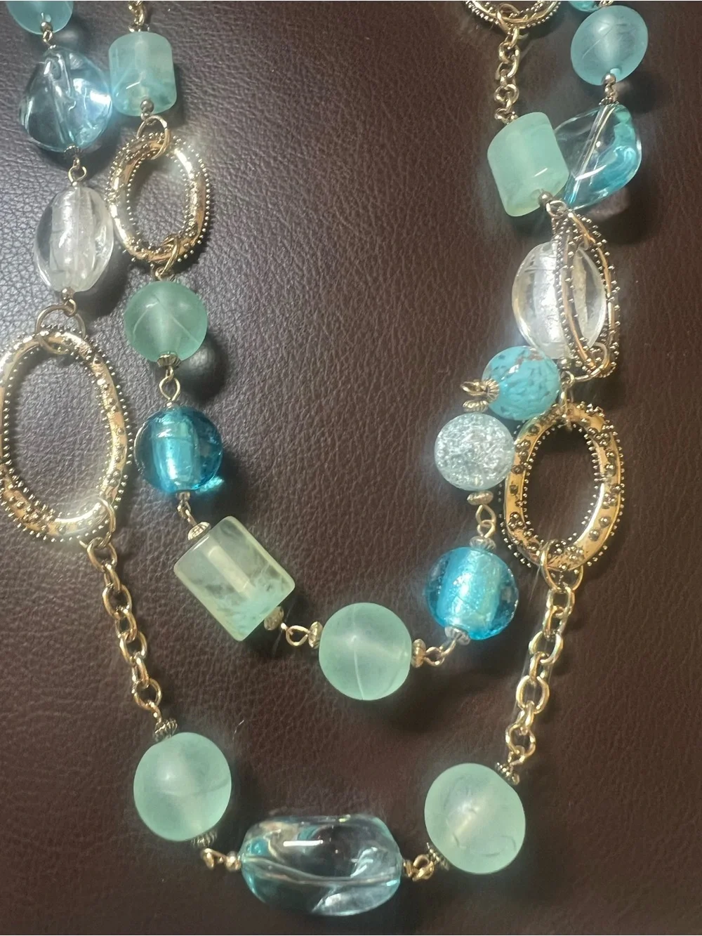 Erica Lyons Necklace Multi-layered Gold-Tone Chain with Blue Aqua Beads 36”